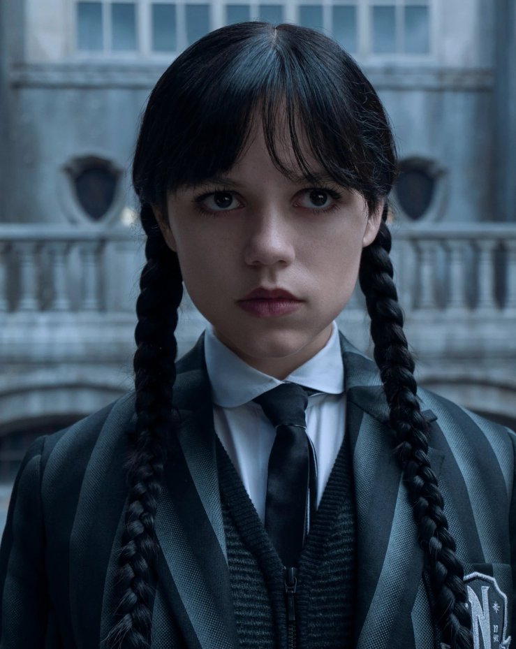 Jenna Ortega as Wednesday Addams in Season 2, with her signature stare.