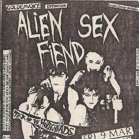 Photocopied black-and-white flyer for Alien Sex Fiend, with jagged typography and stark design.