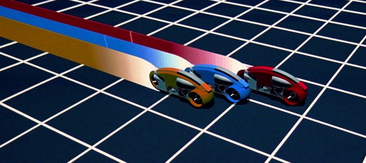 Lightcycles race across the digital grid, leaving glowing walls of red, blue, and gold behind them.