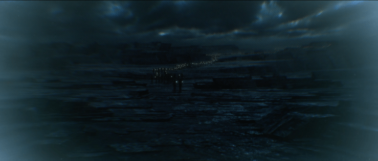 A dark digital landscape stretches to the horizon as small figures walk in formation, echoing the lost miracle of the ISOs.